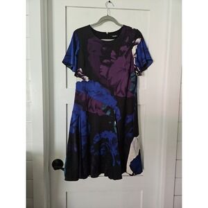 DKNY Floral Satin Dress Size 12 Purple Blue Bold Abstract Rose Flutter Sleeve